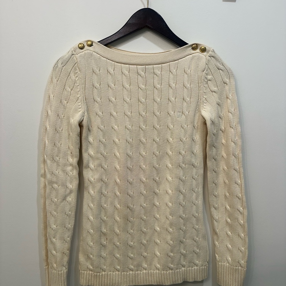 Ralph Lauren Cream Cable-Knit Off-Shoulder Sweater with Gold Buttons